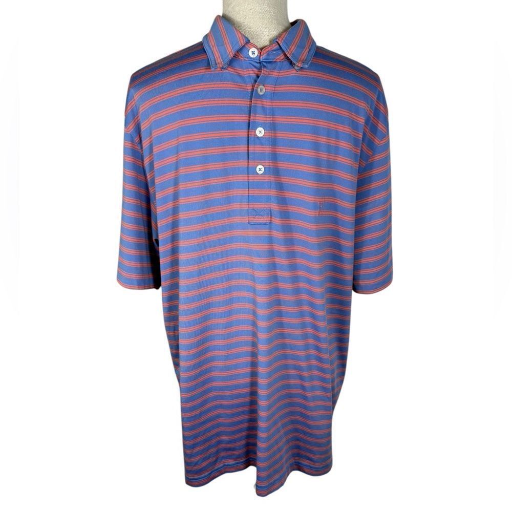 Johnnie-O Men’s Blue & Salmon Pink Striped Classic Pima Cotton Blend Polo Shirt